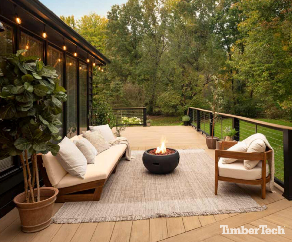 A finished, light brown TimberTech deck decorated with cream outdoor furniture and a fire pit.
