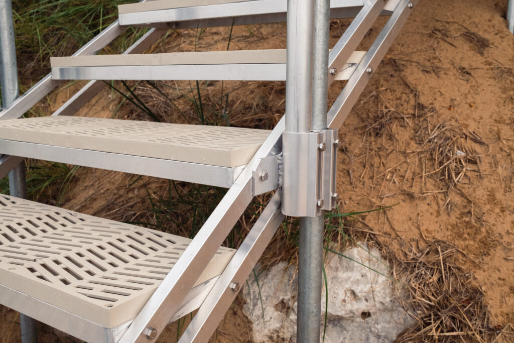 Aluminum stairs with a comfortable, non-slip surface.