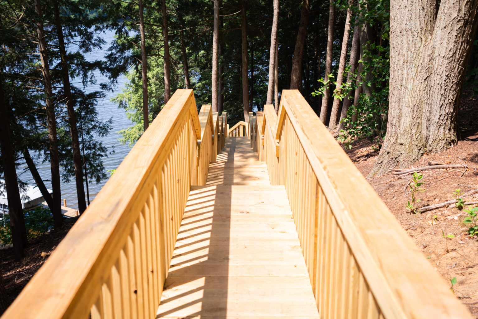 A treated lumber stairway that leads to the Thornapple River